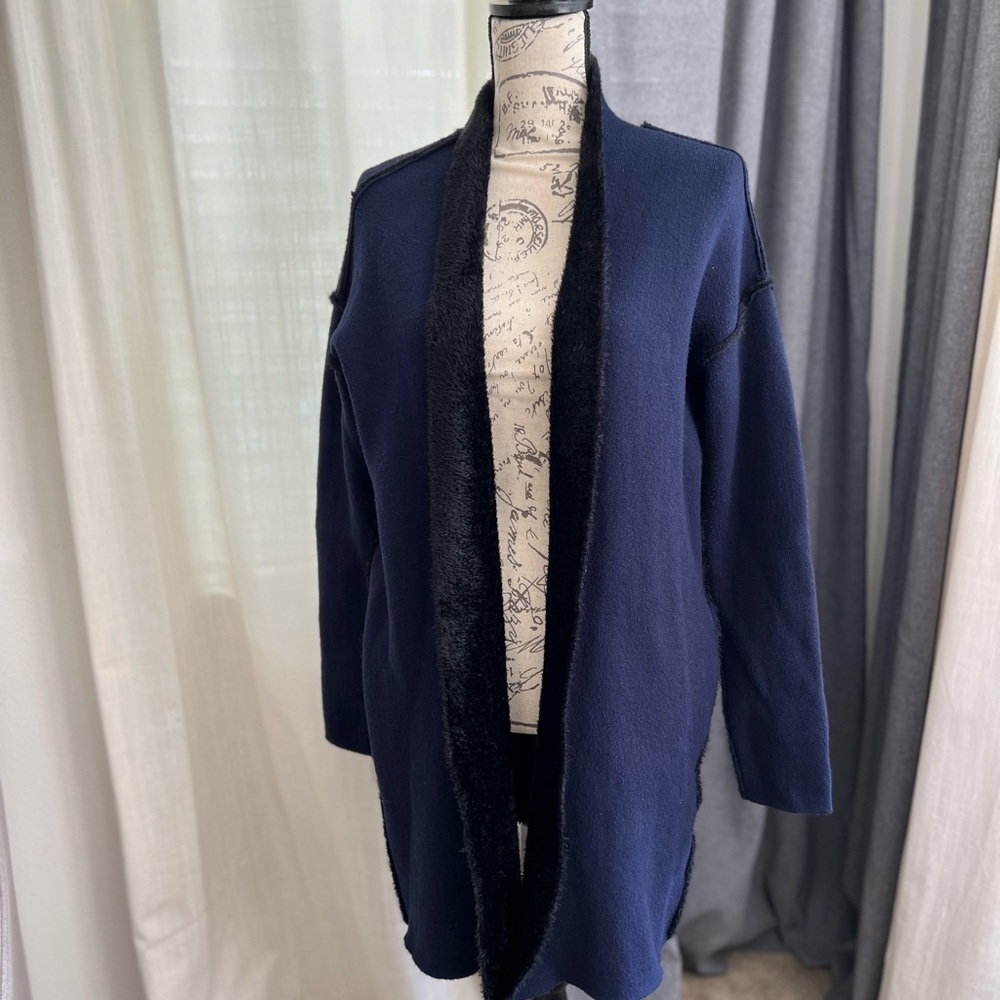 Love Token Navy Blue Open Front Cardigan with cozy fur-like lining.